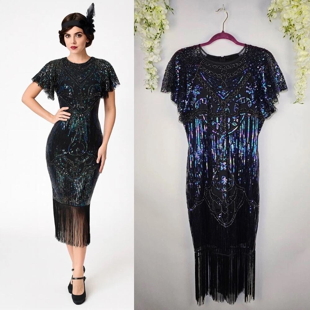 Women's 1920s Retro Black Sequin Flapper Dress with Fringe Plus Size 4X